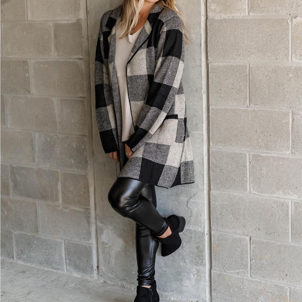Buffalo Plaid Black and Tan Midi Length Cardigan with pockets